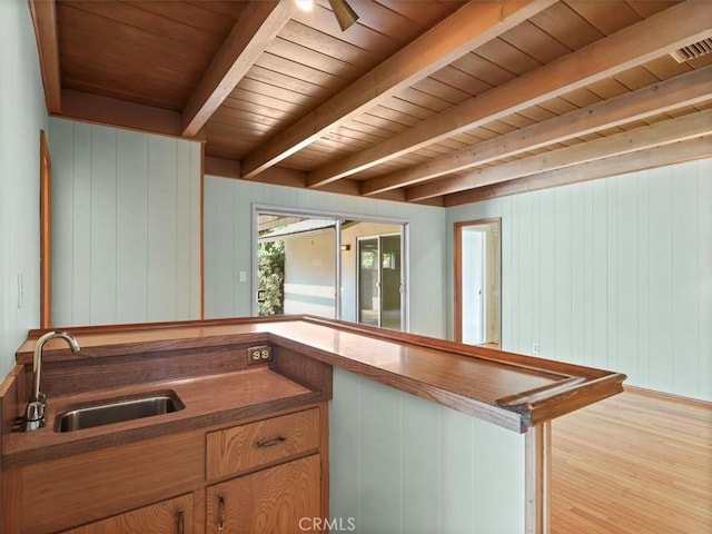 13510 Valleyheart Dr N, Sherman Oaks, CA 91423 - kitchen featuring a wood ceiling with exposed beams, wood finished floors, wooden walls, dark countertops, and a ceiling fan