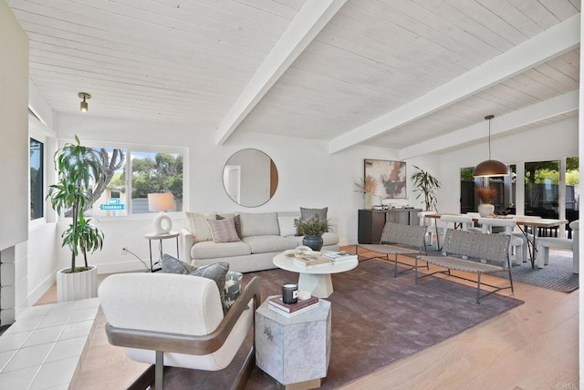 8602 Kilbourn Dr, La Jolla, CA 92037 - living area with wood finished floors and a wood ceiling with exposed beams