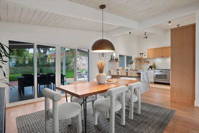 8602 Kilbourn Dr, La Jolla, CA 92037 - dining room featuring light wood-type flooring and a wooden ceiling with exposed beams