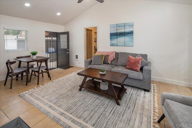 260406 Juan St, San Diego, CA 92110 - living room featuring vaulted ceiling, light tile patterned floors, recessed lighting, and a ceiling fan