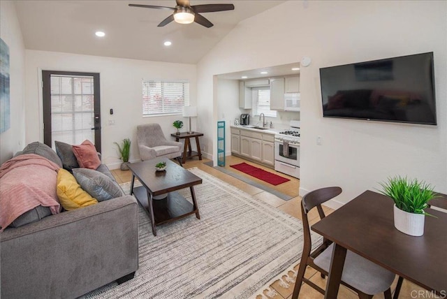 260406 Juan St, San Diego, CA 92110 - living room featuring a ceiling fan, recessed lighting, and lofted ceiling