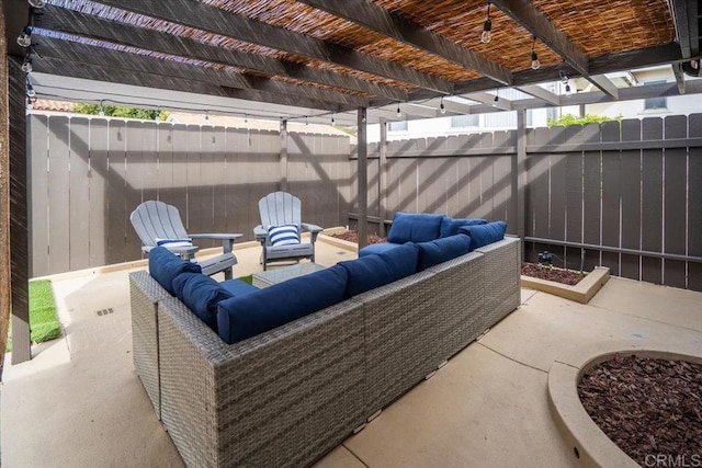 260406 Juan St, San Diego, CA 92110 - fenced backyard with an outdoor hangout area, a pergola, and a patio