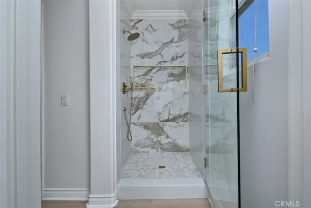 49 Mountain Laurel Way, Azusa, CA 91702 - bathroom featuring ornamental molding and a marble finish shower