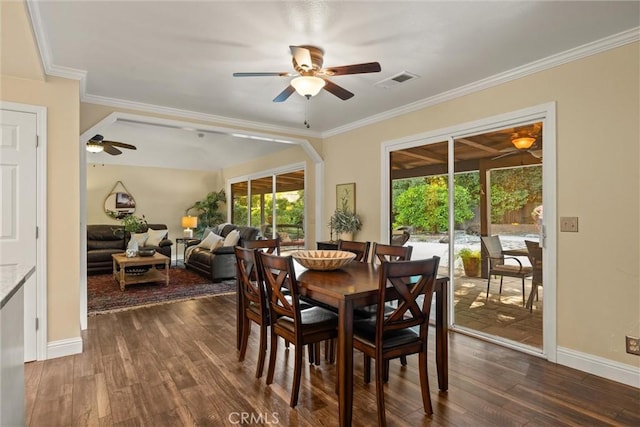 25 Misty Way, Chico, CA 95926 - dining room with a ceiling fan, dark wood finished floors, and ornamental molding