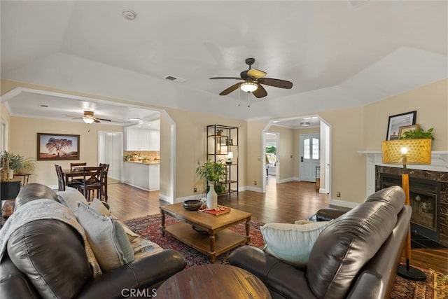 25 Misty Way, Chico, CA 95926 - living area featuring a ceiling fan, wood finished floors, and a tray ceiling