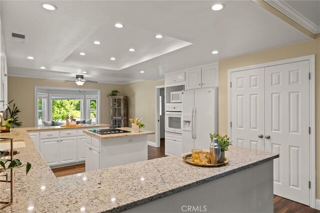 25 Misty Way, Chico, CA 95926 - kitchen featuring white appliances, a peninsula, a raised ceiling, dark wood-type flooring, and recessed lighting