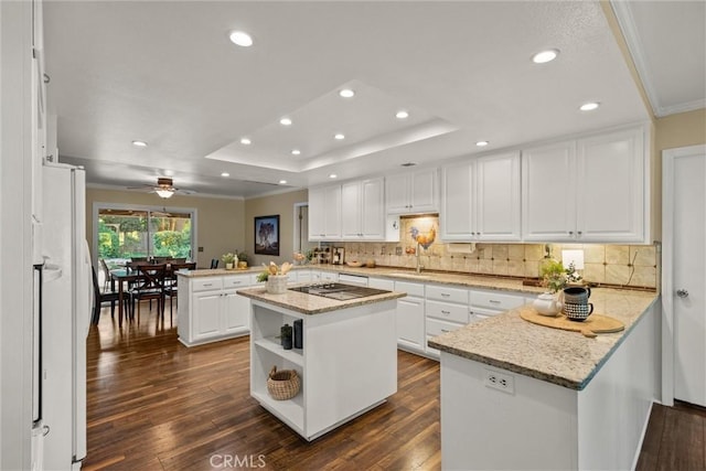 25 Misty Way, Chico, CA 95926 - kitchen featuring a peninsula, a tray ceiling, freestanding refrigerator, white cabinetry, and recessed lighting