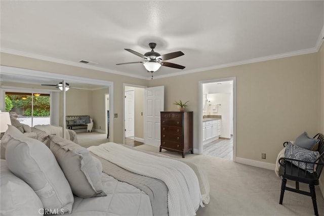 25 Misty Way, Chico, CA 95926 - bedroom with light carpet, crown molding, access to exterior, a ceiling fan, and ensuite bath
