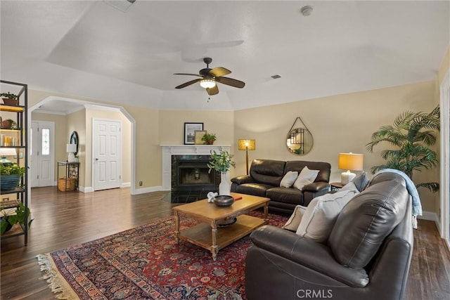 25 Misty Way, Chico, CA 95926 - living area featuring a ceiling fan, a tile fireplace, and dark wood-type flooring
