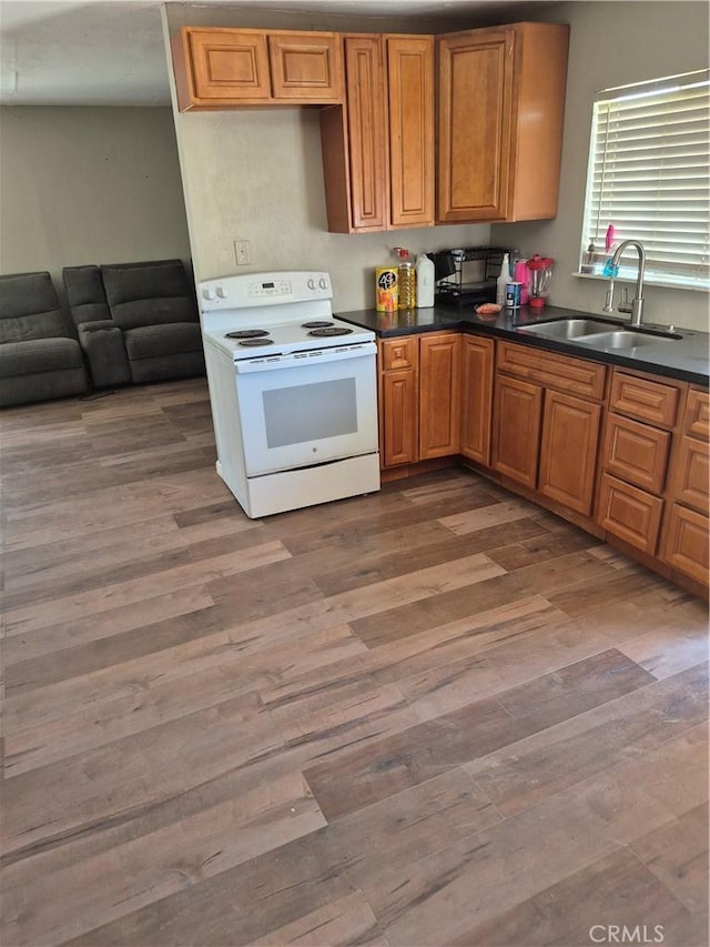 45146 Fairview Rd, Newberry Springs, CA 92365 - kitchen with white electric stove, dark countertops, and wood finished floors