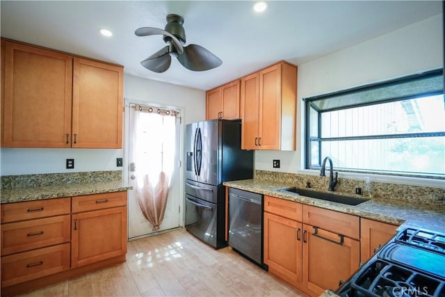 3473 Yankee Cir, Riverside, CA 92503 - kitchen with dishwashing machine, fridge with ice dispenser, ceiling fan, light stone counters, and recessed lighting