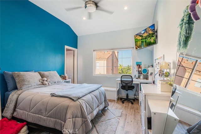 4347 Freedom Dr Unit C, Calabasas, CA 91302 - bedroom featuring vaulted ceiling, an office area, light wood-style flooring, a ceiling fan, and recessed lighting