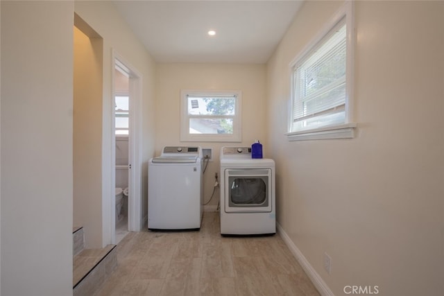 1409 4th St, San Fernando, CA 91340 - washroom with washer and clothes dryer, light wood-style floors, and recessed lighting