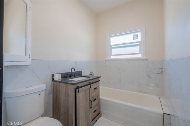 1409 4th St, San Fernando, CA 91340 - bathroom featuring tile walls, a bath, vanity, and a wainscoted wall