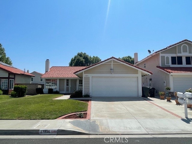 27896 Beacon St, Castaic, CA 91384 - view of front of property with concrete driveway, a garage, a tiled roof, and a front lawn