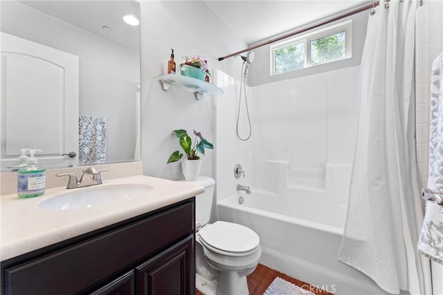 35694 Cherry Bark Way, Murrieta, CA 92562 - bathroom with shower / bath combo with shower curtain, vanity, and wood finished floors