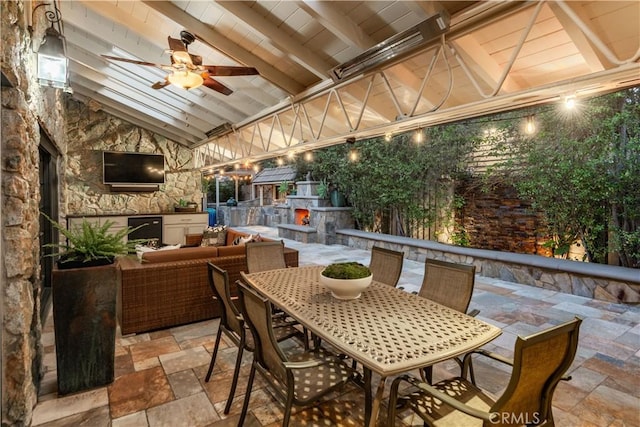 1251 Bryant Rd, Long Beach, CA 90815 - view of patio / terrace with area for grilling, outdoor dining space, a ceiling fan, a gazebo, and an outdoor living space with a fireplace