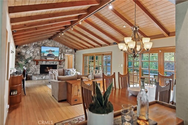 1251 Bryant Rd, Long Beach, CA 90815 - dining space with wood ceiling, wood-type flooring, a chandelier, and a fireplace