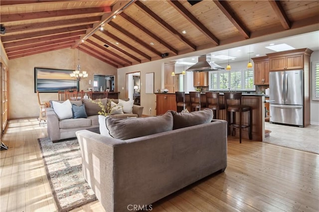 1251 Bryant Rd, Long Beach, CA 90815 - living area featuring wooden ceiling, a chandelier, and light wood-style flooring