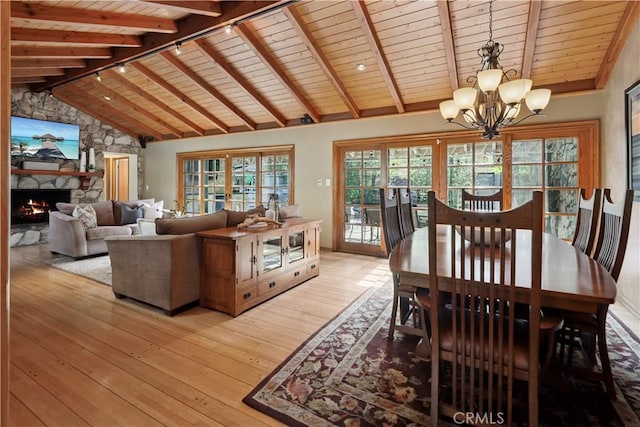 1251 Bryant Rd, Long Beach, CA 90815 - dining area with wooden ceiling, a chandelier, light wood-type flooring, a stone fireplace, and track lighting