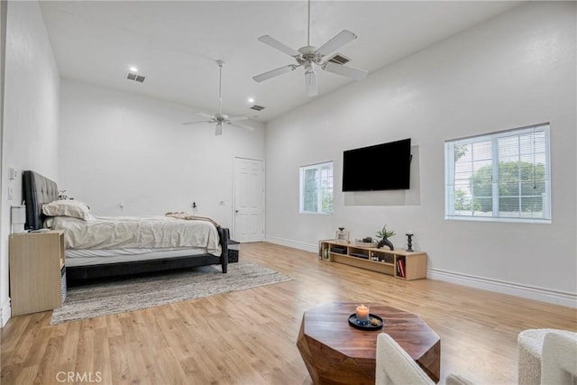 8140 Quartz Ave, Winnetka, CA 91306 - bedroom with wood finished floors, a high ceiling, recessed lighting, and a ceiling fan