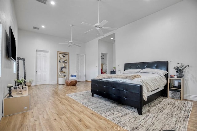 8140 Quartz Ave, Winnetka, CA 91306 - bedroom with a high ceiling, wood finished floors, recessed lighting, and ceiling fan