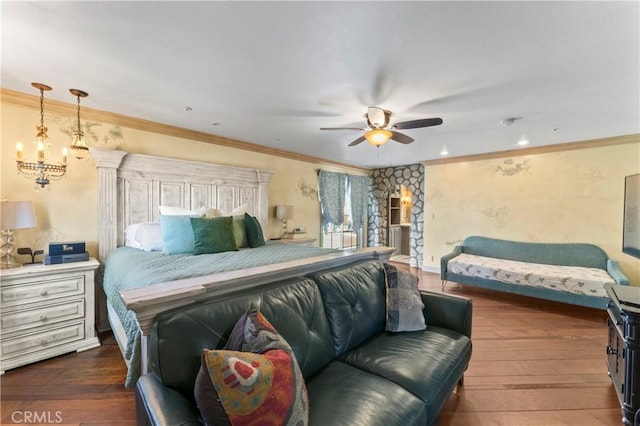 34037 Agua Dulce Canyon Rd, Agua Dulce, CA 91390 - bedroom with ornamental molding, hardwood / wood-style flooring, a chandelier, and a ceiling fan