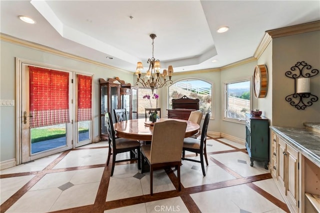 34037 Agua Dulce Canyon Rd, Agua Dulce, CA 91390 - dining room with inlaid floor details, a chandelier, a raised ceiling, ornamental molding, and recessed lighting