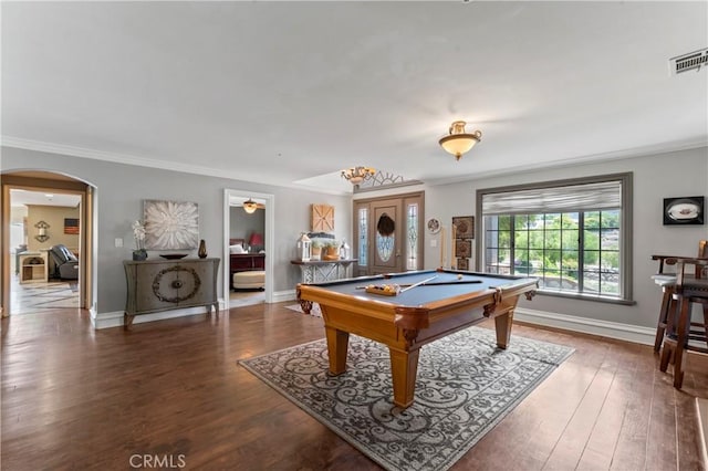 34037 Agua Dulce Canyon Rd, Agua Dulce, CA 91390 - recreation room with arched walkways, crown molding, hardwood / wood-style flooring, and pool table