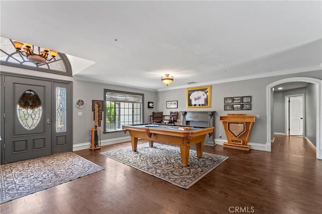 34037 Agua Dulce Canyon Rd, Agua Dulce, CA 91390 - entryway with ornamental molding, arched walkways, wood finished floors, and billiards table