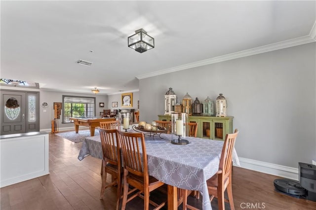 34037 Agua Dulce Canyon Rd, Agua Dulce, CA 91390 - dining space featuring crown molding, pool table, and wood finished floors