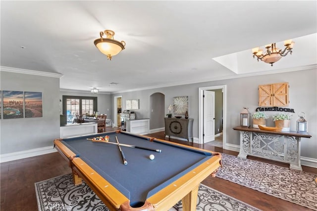 34037 Agua Dulce Canyon Rd, Agua Dulce, CA 91390 - rec room with arched walkways, ornamental molding, a chandelier, wood finished floors, and billiards