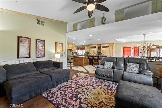 34037 Agua Dulce Canyon Rd, Agua Dulce, CA 91390 - living room with a ceiling fan, crown molding, a chandelier, light wood-style flooring, and plenty of natural light
