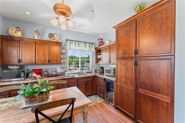 34037 Agua Dulce Canyon Rd, Agua Dulce, CA 91390 - kitchen featuring stainless steel microwave, wine cooler, light wood-type flooring, a ceiling fan, and recessed lighting