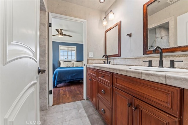 34037 Agua Dulce Canyon Rd, Agua Dulce, CA 91390 - ensuite bathroom featuring double vanity, a ceiling fan, and tile patterned floors