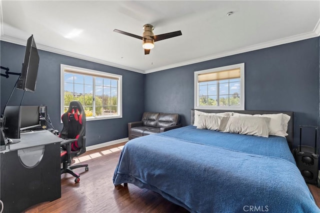 34037 Agua Dulce Canyon Rd, Agua Dulce, CA 91390 - bedroom featuring multiple windows, wood finished floors, crown molding, an office area, and a ceiling fan