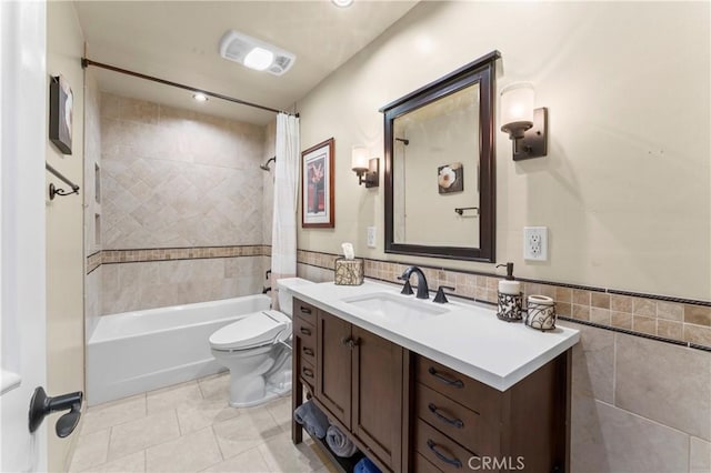 34037 Agua Dulce Canyon Rd, Agua Dulce, CA 91390 - bathroom featuring tile walls, vanity, shower / tub combo, tile patterned floors, and a wainscoted wall