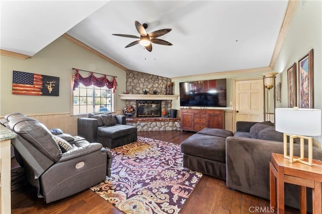 34037 Agua Dulce Canyon Rd, Agua Dulce, CA 91390 - living room featuring ceiling fan, wainscoting, ornamental molding, dark wood-style floors, and lofted ceiling