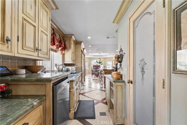 34037 Agua Dulce Canyon Rd, Agua Dulce, CA 91390 - kitchen featuring stainless steel dishwasher, inlaid floor details, dark countertops, recessed lighting, and light tile patterned floors