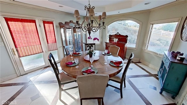 34037 Agua Dulce Canyon Rd, Agua Dulce, CA 91390 - dining area with inlaid floor details, a chandelier, crown molding, a raised ceiling, and recessed lighting
