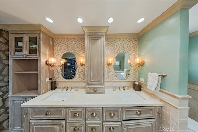 34037 Agua Dulce Canyon Rd, Agua Dulce, CA 91390 - bathroom featuring double vanity and crown molding