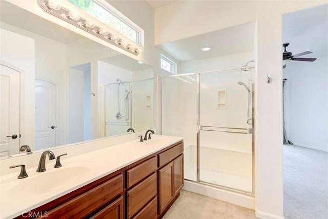 24038 Watercress Dr, Corona, CA 92883 - full bathroom with a shower stall, double vanity, and ceiling fan
