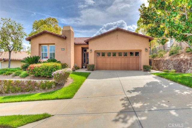 24038 Watercress Dr, Corona, CA 92883 - mediterranean / spanish-style home featuring a tiled roof, stucco siding, a garage, driveway, and a chimney