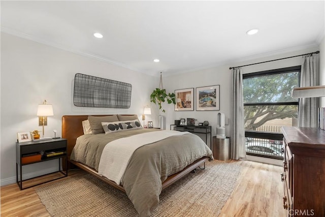 7742 Redlands St Unit H1027, Playa Del Rey, CA 90293 - bedroom featuring ornamental molding, light wood-style floors, access to outside, and recessed lighting