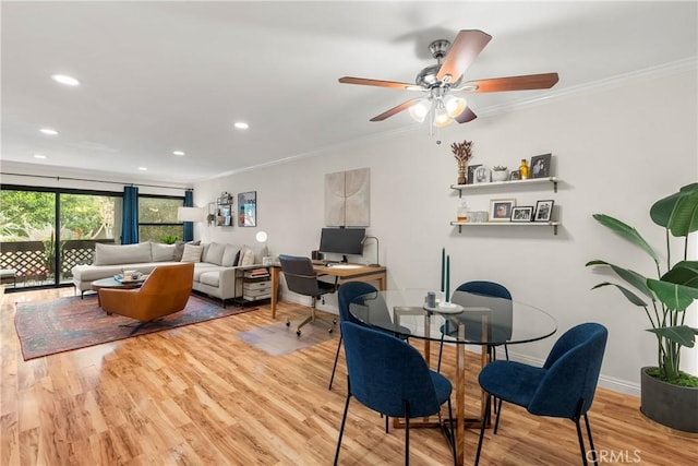 7742 Redlands St Unit H1027, Playa Del Rey, CA 90293 - dining area featuring crown molding, wood finished floors, recessed lighting, and ceiling fan
