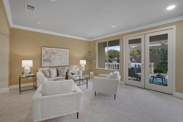 3017 Rue Montreux, Escondido, CA 92026 - living area with french doors, light colored carpet, ornamental molding, and recessed lighting