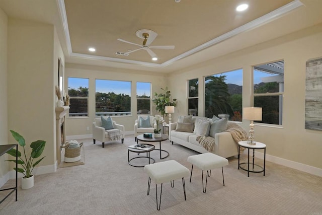 3017 Rue Montreux, Escondido, CA 92026 - carpeted living room featuring a raised ceiling, a ceiling fan, ornamental molding, and recessed lighting