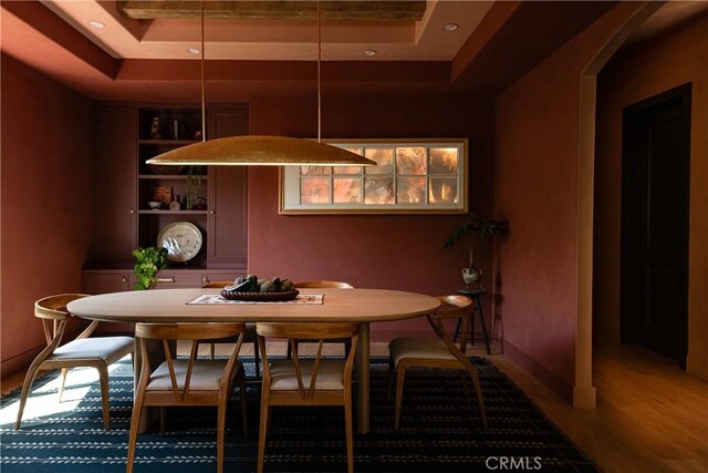 4620 Morse Ave, Sherman Oaks, CA 91423 - dining room featuring a tray ceiling, wood finished floors, and recessed lighting
