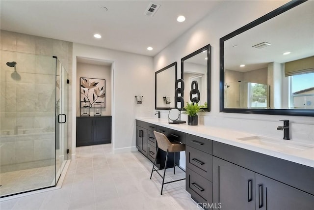 3042 Mesa Gln, Escondido, CA 92026 - bathroom featuring double vanity, a shower stall, recessed lighting, and tile patterned flooring