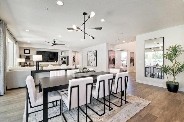 3042 Mesa Gln, Escondido, CA 92026 - dining area featuring a chandelier, recessed lighting, light wood-style floors, and a ceiling fan